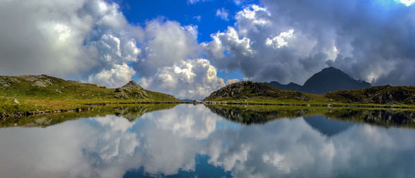 Scenic view of lake against cloudy sky