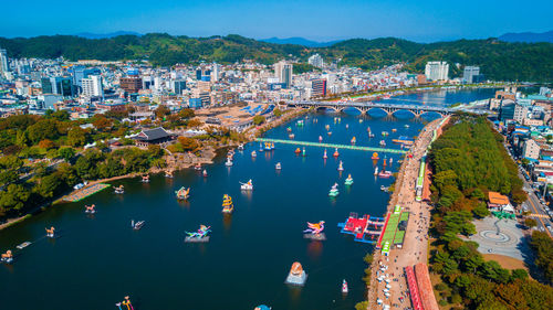 High angle view of buildings in city