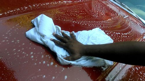 Cropped image of hand washing car