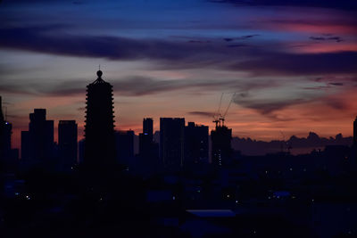 Silhouette of buildings against cloudy sky during sunset