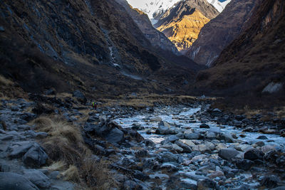 Aerial view of stream flowing through rocks