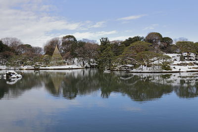Lake with snow and trees against sky