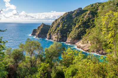 Panoramic view of sea and mountains against sky