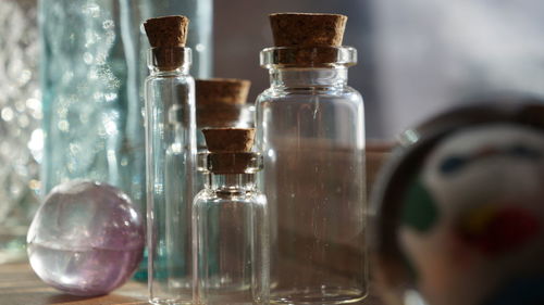 Close-up of empty bottles