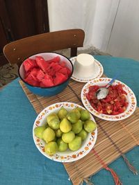 High angle view of fruits in bowl on table