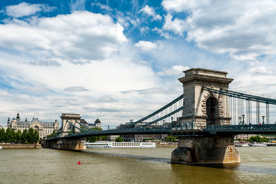 Szechenyi chain bridge over river in city