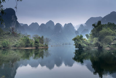 Scenic view of lake and mountains against clear sky