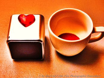 High angle view of coffee cup on table