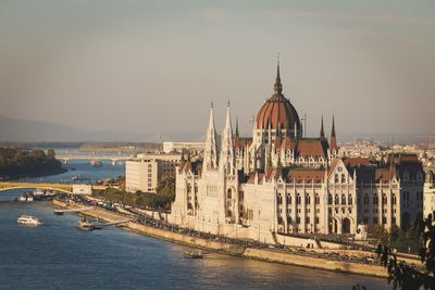 Hungarian parliament building by danube river in city