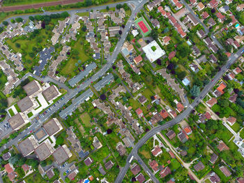 High angle view of street amidst buildings in city