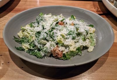 High angle view of salad in bowl on table