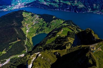 High angle view of sea and mountains