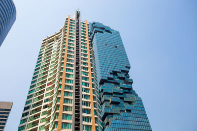 Low angle view of modern buildings against clear blue sky