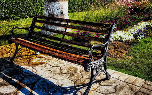 Close-up of empty bench in park