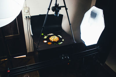 High angle view of people on table