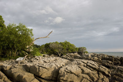 Rocks by sea against sky