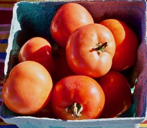 High angle view of tomatoes in container