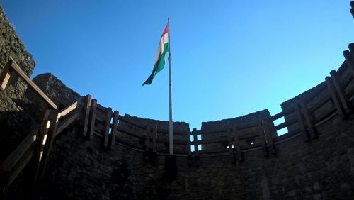 Low angle view of flags against clear blue sky