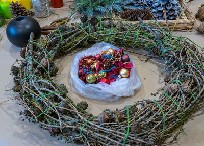 High angle view of christmas decorations on table