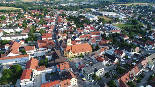 High angle view of houses in town