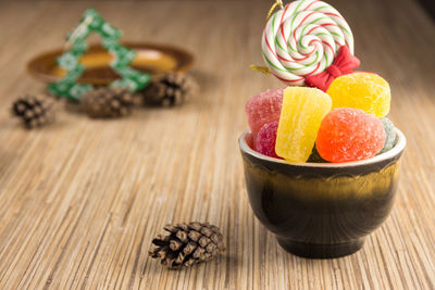 Close-up of dessert served on table