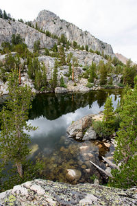 Scenic view of river and mountains against sky