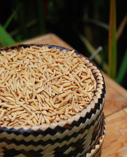 High angle view of wheat in baskets on table