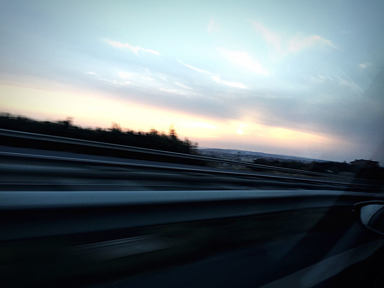 transportation, sky, sunset, mode of transport, long exposure, cloud, land vehicle, orange color, cloud - sky, scenics, outdoors, journey, no people, beauty in nature, tranquil scene