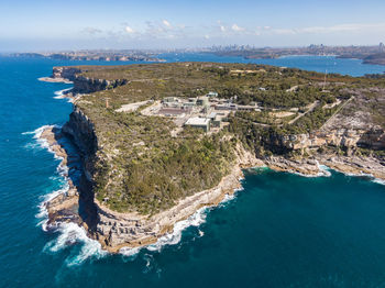 Drone view of north head in manly, sydney, nsw, australia. wastewater treatment plant in foreground