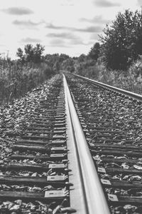 Railway tracks against trees and sky