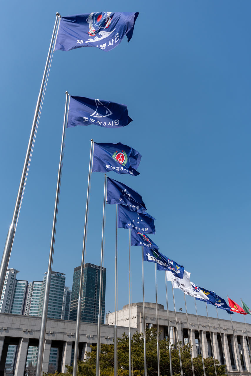 flag, patriotism, sky, architecture, nature, blue, low angle view, built structure, building exterior, no people, day, wind, city, outdoors, stadium, national icon, clear sky, independence, environment, pole, pride, travel destinations, landmark, travel