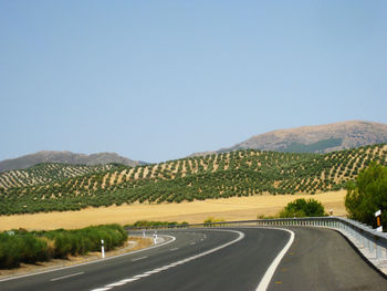 Road leading towards mountains against clear sky