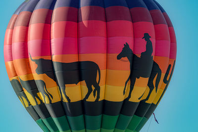 A hot air balloon floats in a clear blue sky on sunny day with a southwestern motif vibe decoration