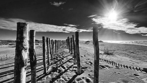 Wooden posts on beach against sky