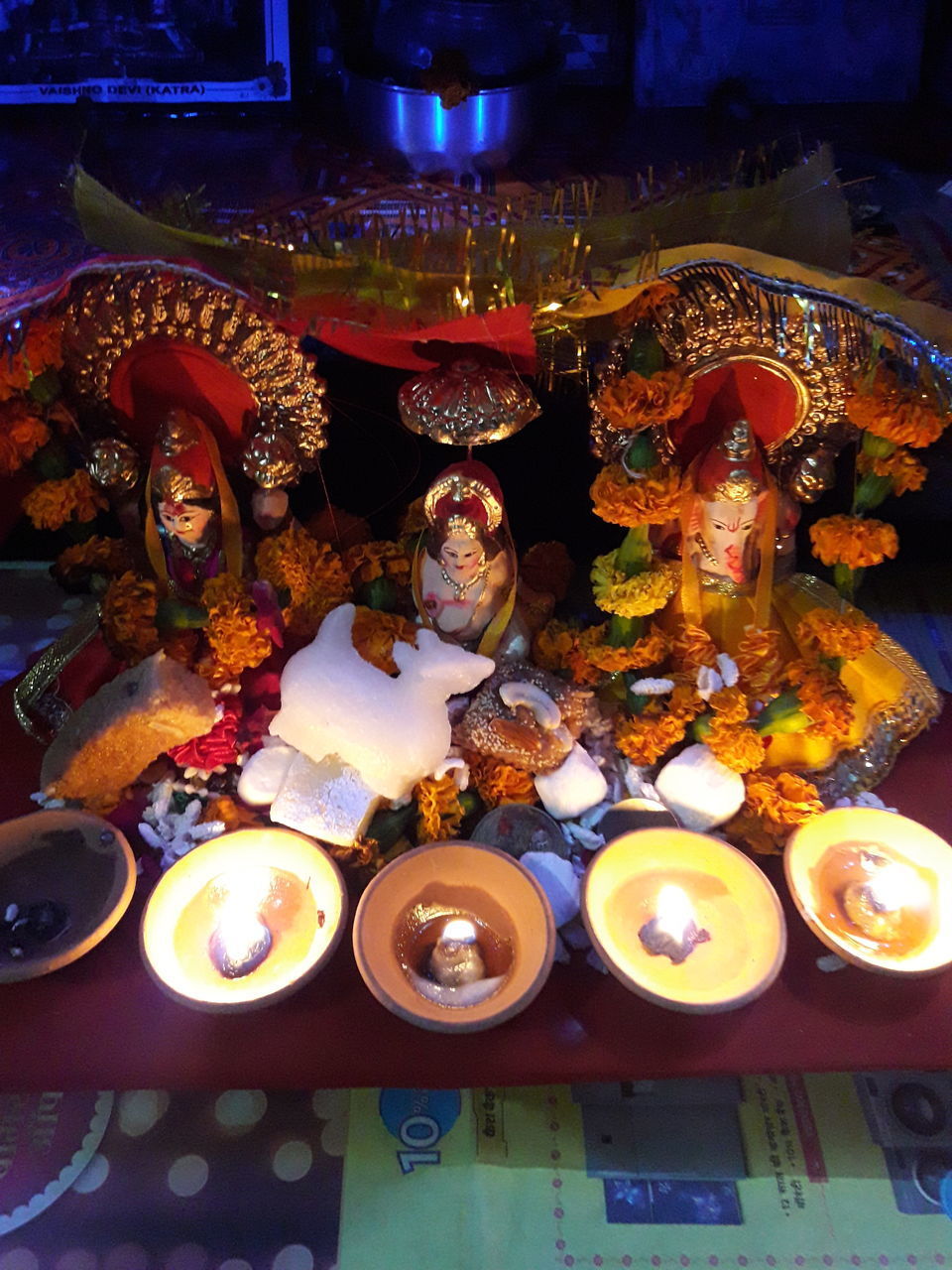 HIGH ANGLE VIEW OF CANDLES ON TABLE AT ILLUMINATED TEMPLE