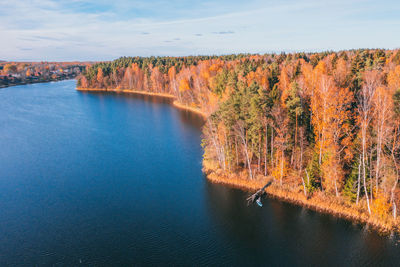 Bright autumn forest. calm clean lake. a man on a sup board floats, admiring the beauty of nature