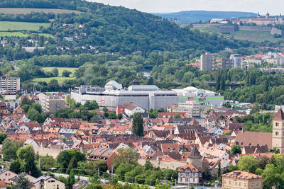 High angle view of buildings in town