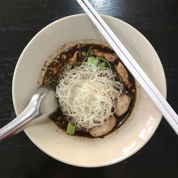 High angle view of soup in bowl on table