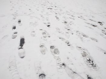 High angle view of footprints on snow covered land