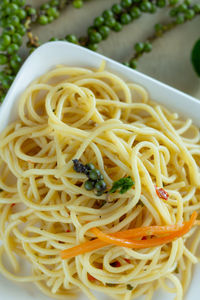 Close-up of noodles served in bowl