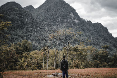 Rear view of men walking on mountain against sky