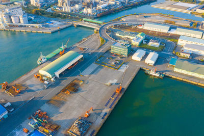 High angle view of boats at harbor