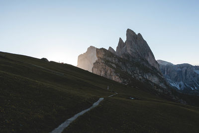 Scenic view of rocky mountains against clear sky