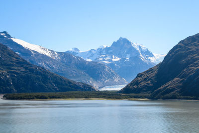 Scenic view of lake and snowcapped mountains against sky