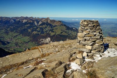 Scenic view of rocky mountain at sunny day