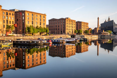 Reflection of buildings in lake against sky in city