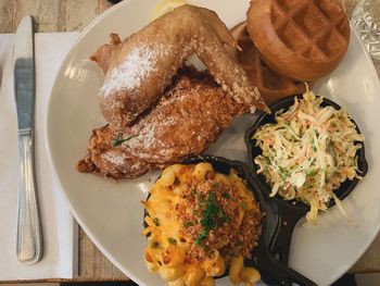 High angle view of breakfast served on table