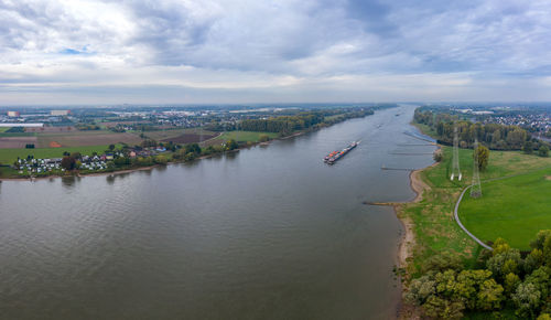 Panoramic view on riverboats on the rhine. aerial photography by drone.