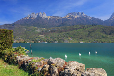 Scenic view of annecy lake and mountains