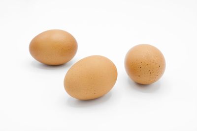 Close-up of eggs against white background